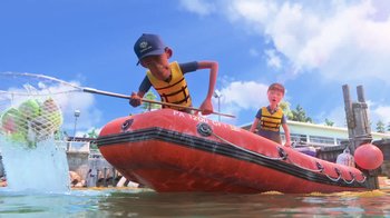 Movie still from “Finding Dory” (2016), directed by Angus MacLane – Two kids are in a boat in the water; Wide shot, High angle