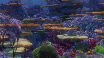 Movie still from “Finding Nemo” (2003), directed by Andrew Stanton – An underwater scene with a lot of plants; Extreme Wide shot, High angle