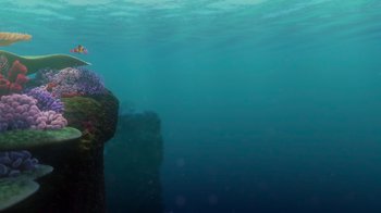 Movie still from “Finding Nemo” (2003), directed by Andrew Stanton – An underwater view of a coral reef and a cliff; Extreme Wide shot, Low angle