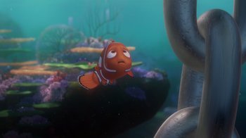 Movie still from “Finding Nemo” (2003), directed by Andrew Stanton – An animated fish is swimming in the water; Medium shot, High angle