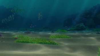 Movie still from “Finding Nemo” (2003), directed by Andrew Stanton – An underwater scene with a lot of fish swimming; Extreme Wide shot, High angle