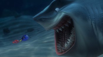 Movie still from “Finding Nemo” (2003), directed by Andrew Stanton – An animated picture of a shark attacking a small boat; Extreme Wide shot, High angle