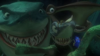 Movie still from “Finding Nemo” (2003), directed by Andrew Stanton – A group of fish in the water; Extreme Wide shot, Overhead angle