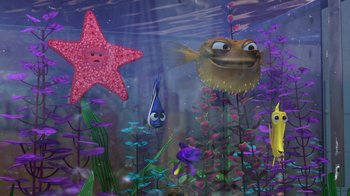 Movie still from “Finding Nemo” (2003), directed by Andrew Stanton – An underwater scene with a fish and a star fish; Wide shot, Over the shoulder angle