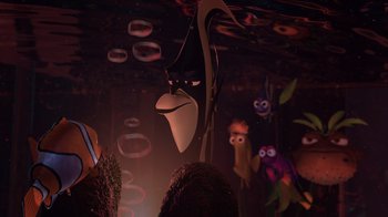 Movie still from “Finding Nemo” (2003), directed by Andrew Stanton – A group of cartoon characters in a room; Medium shot, Over the shoulder angle