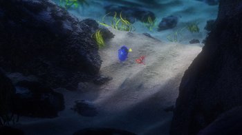 Movie still from “Finding Nemo” (2003), directed by Andrew Stanton – An underwater scene with a blue fish and a red fish; Extreme Wide shot, High angle
