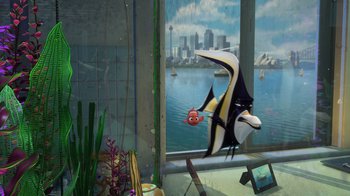 Movie still from “Finding Nemo” (2003), directed by Andrew Stanton – An animated scene of a fish swimming in the water; Wide shot, High angle