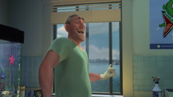 Movie still from “Finding Nemo” (2003), directed by Andrew Stanton – An animated man is standing in front of a window; Medium shot, Low angle