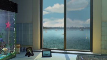 Movie still from “Finding Nemo” (2003), directed by Andrew Stanton – A window with a view of a body of water; Extreme Wide shot, High angle