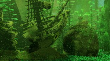 Movie still from “Finding Nemo” (2003), directed by Andrew Stanton – An underwater view of an old boat in the water; Extreme Wide shot, High angle