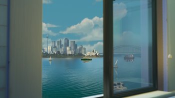 Movie still from “Finding Nemo” (2003), directed by Andrew Stanton – A view of a city from across the water; Extreme Wide shot, High angle