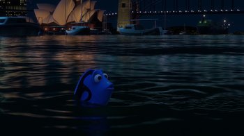 Movie still from “Finding Nemo” (2003), directed by Andrew Stanton – A fish floating in a body of water at night; Extreme Wide shot, High angle
