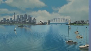 Movie still from “Finding Nemo” (2003), directed by Andrew Stanton – An artistic rendering of the sydney skyline and the harbor bridge; Extreme Wide shot, High angle