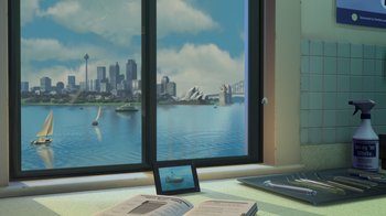 Movie still from “Finding Nemo” (2003), directed by Andrew Stanton – An open book sitting on a desk next to an open window; Wide shot, High angle