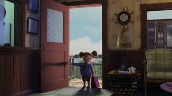 Movie still from “Finding Nemo” (2003), directed by Andrew Stanton – A cartoon of a girl holding a pink suitcase in front of an open door; Wide shot, Over the shoulder angle