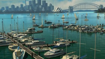 Movie still from “Finding Nemo” (2003), directed by Andrew Stanton – Many small boats are docked in the water; Extreme Wide shot, High angle