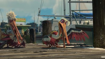 Movie still from “Finding Nemo” (2003), directed by Andrew Stanton – An animated bird is walking on a dock; Wide shot, Low angle