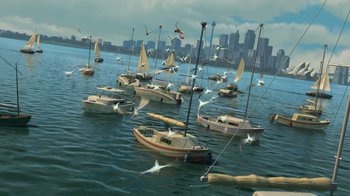 Movie still from “Finding Nemo” (2003), directed by Andrew Stanton – Many small boats in the water; Extreme Wide shot, High angle