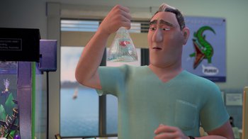 Movie still from “Finding Nemo” (2003), directed by Andrew Stanton – A man holding up a bag of fish in front of a window; Close Up shot, Over the shoulder angle
