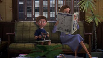 Movie still from “Finding Nemo” (2003), directed by Andrew Stanton – A woman and a boy sitting on a couch reading a magazine; Medium shot, Over the shoulder angle