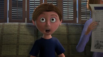 Movie still from “Finding Nemo” (2003), directed by Andrew Stanton – An animated boy with a surprised look on his face; Close Up shot, Over the shoulder angle