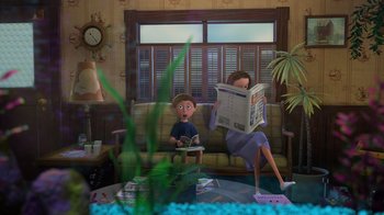 Movie still from “Finding Nemo” (2003), directed by Andrew Stanton – Two people sitting on a couch reading a magazine; Wide shot, High angle