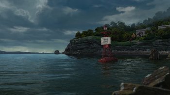 Movie still from “Finding Nemo” (2003), directed by Andrew Stanton – A red and white buoy in the middle of a body of water; Extreme Wide shot, High angle