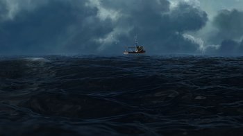 Movie still from “Finding Nemo” (2003), directed by Andrew Stanton – A boat in the middle of the ocean under a cloudy sky; Extreme Wide shot, High angle