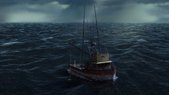 Movie still from “Finding Nemo” (2003), directed by Andrew Stanton – A boat in the middle of the ocean under a cloudy sky; Extreme Wide shot, High angle