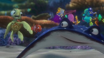 Movie still from “Finding Nemo” (2003), directed by Andrew Stanton – A group of sea animals in the water; Wide shot, High angle