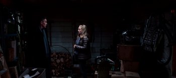 Movie still from “First Reformed” (2017), directed by Paul Schrader – A woman standing in front of a pile of wood; Medium shot, Over the shoulder angle