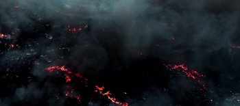 Movie still from “First Reformed” (2017), directed by Paul Schrader – A large amount of smoke is burning in the sky; Extreme Wide shot, Overhead angle