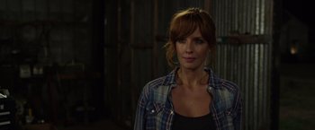 Movie still from “Flight” (2012), directed by Robert Zemeckis – A woman in a blue and red plaid shirt; Close Up shot, Over the shoulder angle
