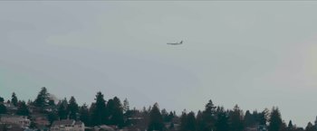Movie still from “Flight/Risk” (2022), directed by Karim Amer – An airplane is flying low over the trees; Extreme Wide shot, Low angle