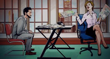 Movie still from “Flora & Ulysses” (2021), directed by Lena Khan – A man sitting at a table in front of another man; Wide shot, High angle