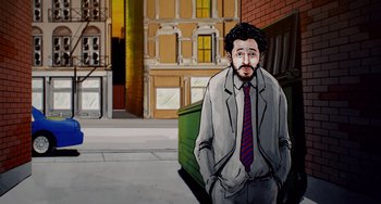 Movie still from “Flora & Ulysses” (2021), directed by Lena Khan – A man in a suit standing in front of a garbage bin; Medium shot, Low angle