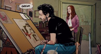 Movie still from “Flora & Ulysses” (2021), directed by Lena Khan – A man sitting in front of an easel while a woman looks on; Medium shot, Over the shoulder angle