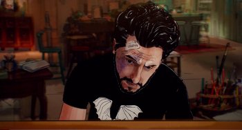 Movie still from “Flora & Ulysses” (2021), directed by Lena Khan – A painting of a man in a black t - shirt; Close Up shot, Overhead angle