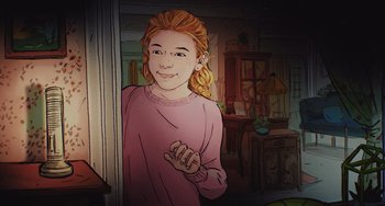 Movie still from “Flora & Ulysses” (2021), directed by Lena Khan – A cartoon of a girl in a pink sweater; Close Up shot, High angle