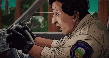 Movie still from “Flora & Ulysses” (2021), directed by Lena Khan – A man driving a car in a police uniform; Close Up shot, Overhead angle