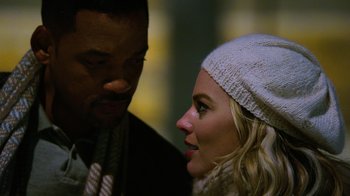 Movie still from “Focus” (2015), directed by John Requa – A man and a woman talking to each other; Close Up shot, Over the shoulder angle
