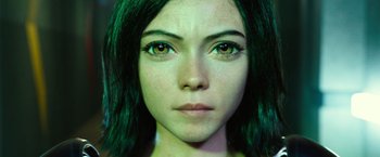 Movie still from “Alita: Battle Angel” (2019), directed by Robert Rodriguez – A woman's face with green hair; Extreme Close Up shot, High angle