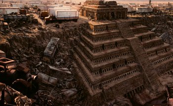 Movie still from “From Dusk Till Dawn” (1996), directed by Robert Rodriguez – An aerial view of an ancient egyptian pyramid; Extreme Wide shot, High angle
