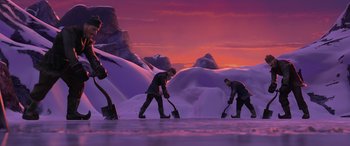 Movie still from “Frozen” (2013), directed by Jennifer Lee – Two men are sweeping snow on a snowy hill at sunset; Extreme Wide shot, High angle