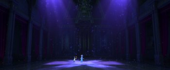 Movie still from “Frozen” (2013), directed by Jennifer Lee – Two children are standing in a purple room; Extreme Wide shot, Low angle