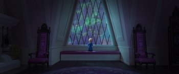Movie still from “Frozen” (2013), directed by Jennifer Lee – A small child standing in front of a large window; Extreme Wide shot, High angle