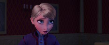 Movie still from “Frozen” (2013), directed by Jennifer Lee – A person wearing a suit and tie; Close Up shot, Over the shoulder angle
