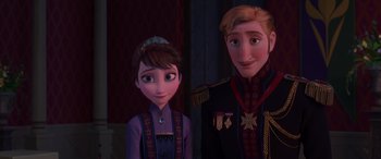 Movie still from “Frozen” (2013), directed by Jennifer Lee – A man and a woman standing next to each other; Medium shot, Over the shoulder angle