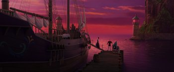 Movie still from “Frozen” (2013), directed by Jennifer Lee – A couple of people standing next to a boat on the water; Extreme Wide shot, Low angle