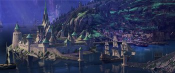 Movie still from “Frozen” (2013), directed by Jennifer Lee – An image of an animated scene with a boat in the water; Extreme Wide shot, High angle